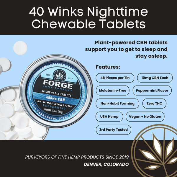 Forge Hemp Company 40 Winks Nighttime CBN Chewable Tablets packaging with product details.