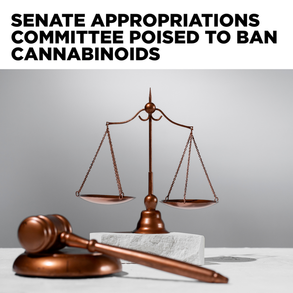 Senate committee meeting discussing hemp legislation decision with gavel and hemp leaf
