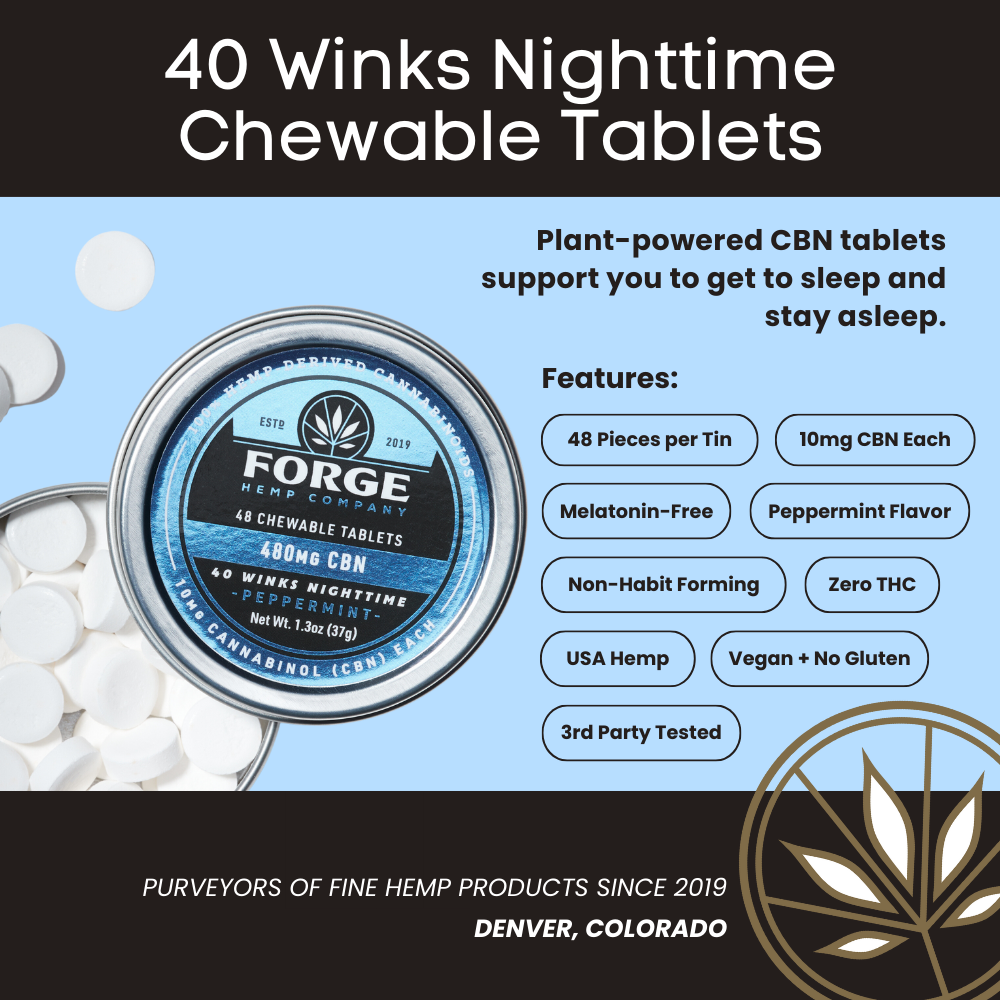 Forge Hemp Company 40 Winks Nighttime CBN Chewable Tablets packaging with product details.