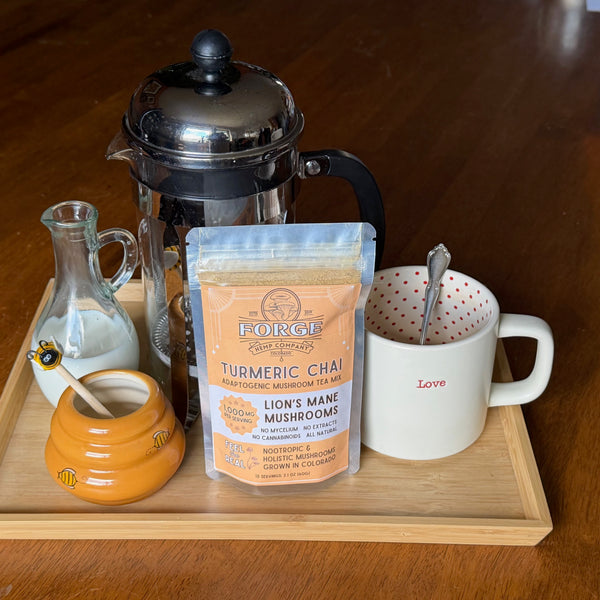 Lion's Mane Turmeric Chai from Forge Hemp served as a warm golden chai tea beside the 15-serving pouch, made with whole Colorado-grown Lion's Mane mushrooms and organic spices.