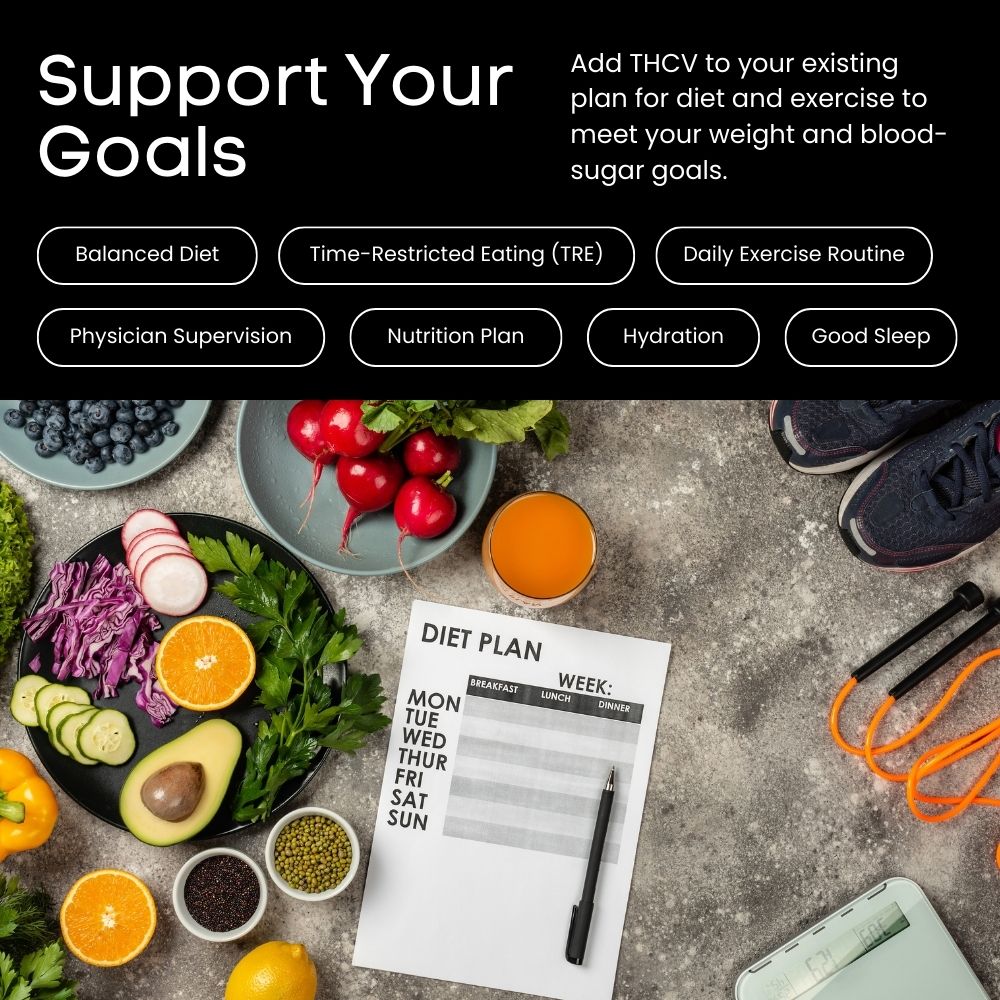 Diet plan with fruits, vegetables, and a notebook on a table, promoting balanced diet and exercise.