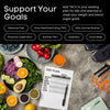 Diet plan with fruits, vegetables, and a notebook on a table, promoting balanced diet and exercise.