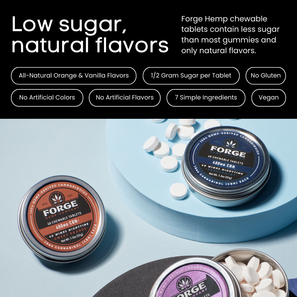 Forge Hemp chewable CBN tablets with product details on a light blue background