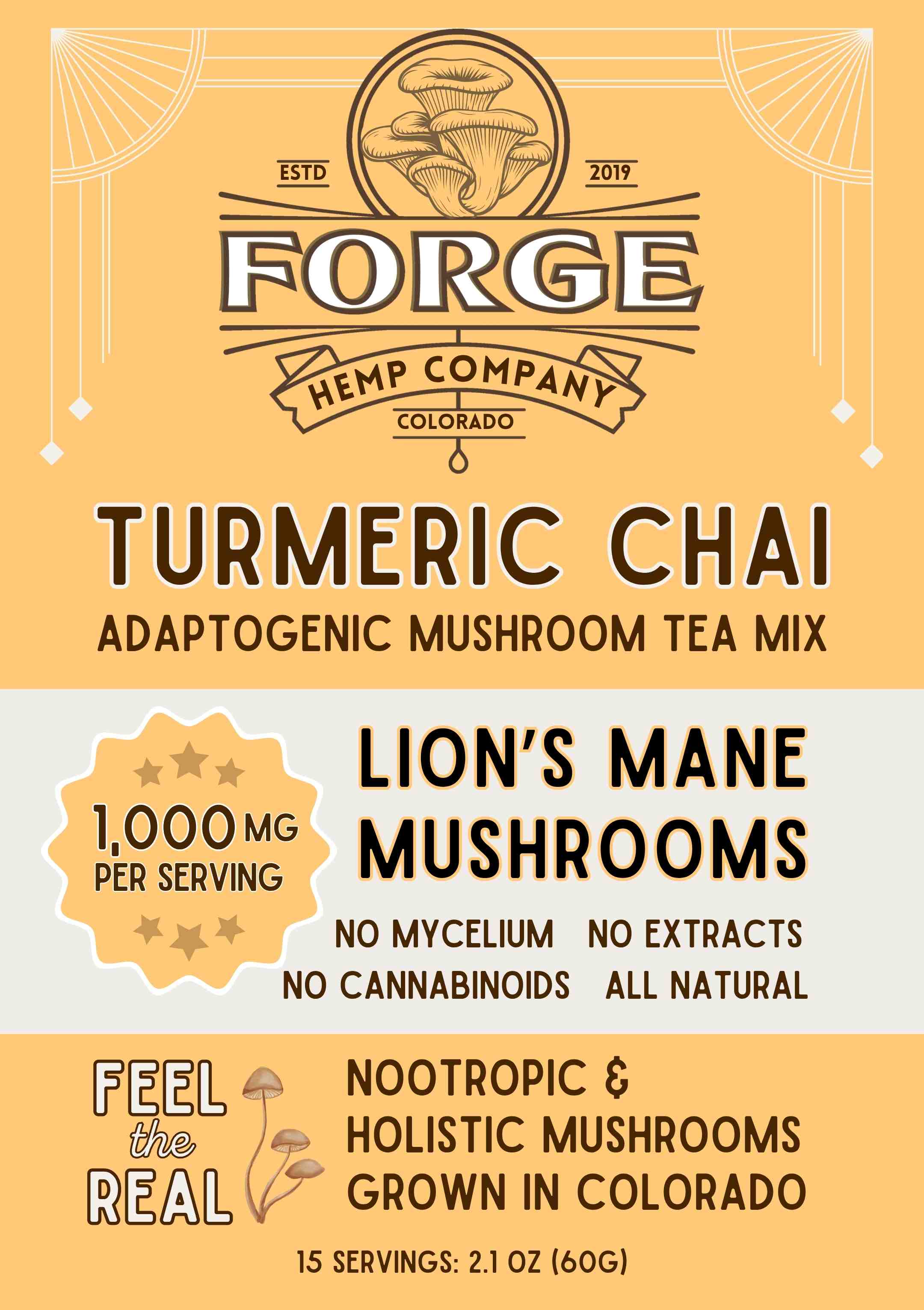 Forge Hemp Lion's Mane Turmeric Chai brewed with whole Lion's Mane mushroom, organic turmeric, ginger, cinnamon, cardamom, nutmeg, and cloves.