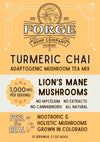 Forge Hemp Lion's Mane Turmeric Chai brewed with whole Lion's Mane mushroom, organic turmeric, ginger, cinnamon, cardamom, nutmeg, and cloves.
