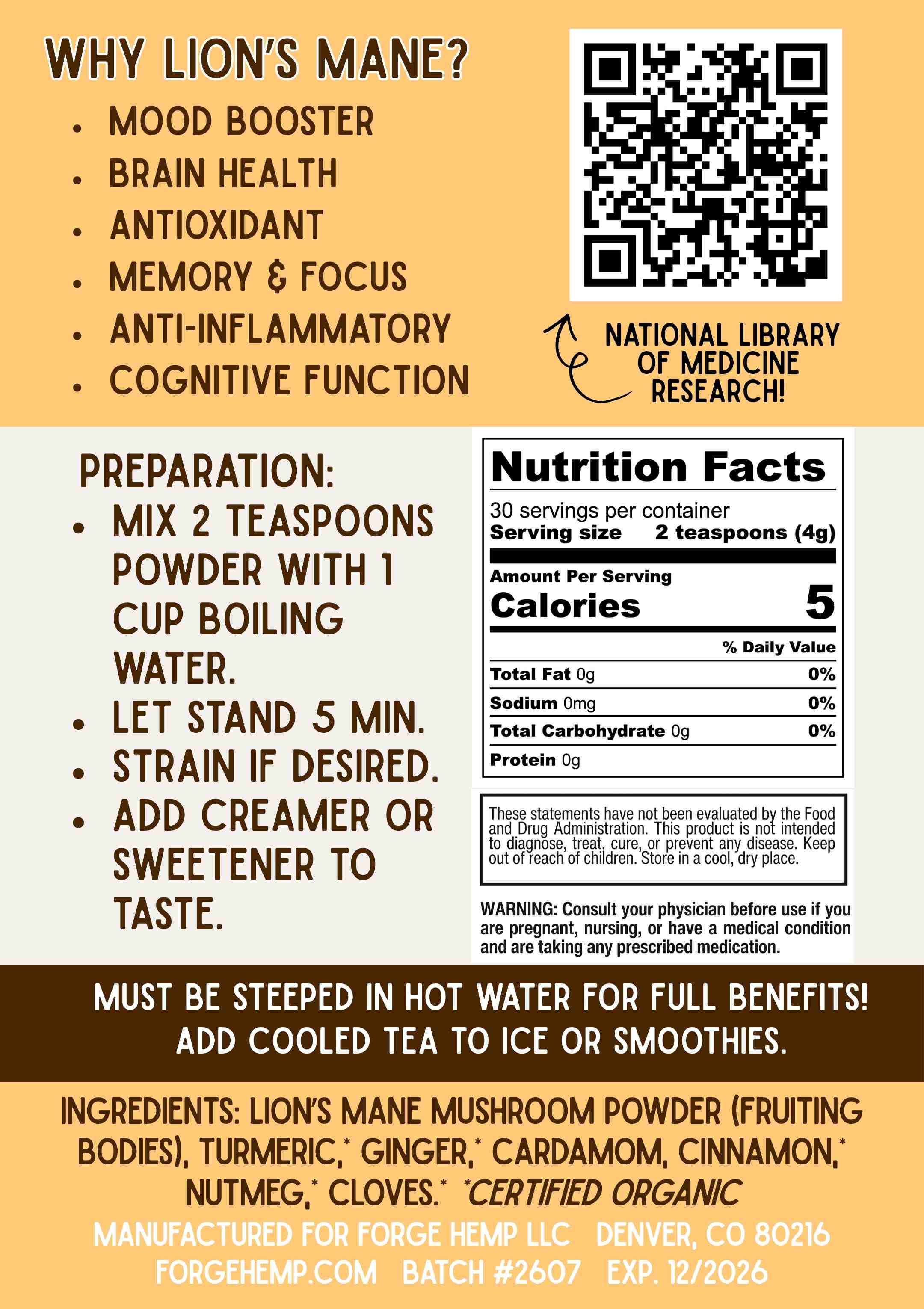 Directions for refreshing iced Lion's Mane Turmeric Chai made from Colorado-grown whole Lion's Mane mushrooms, organic turmeric, and traditional chai spices.