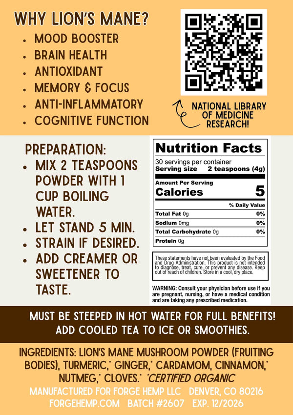 Directions for refreshing iced Lion's Mane Turmeric Chai made from Colorado-grown whole Lion's Mane mushrooms, organic turmeric, and traditional chai spices.